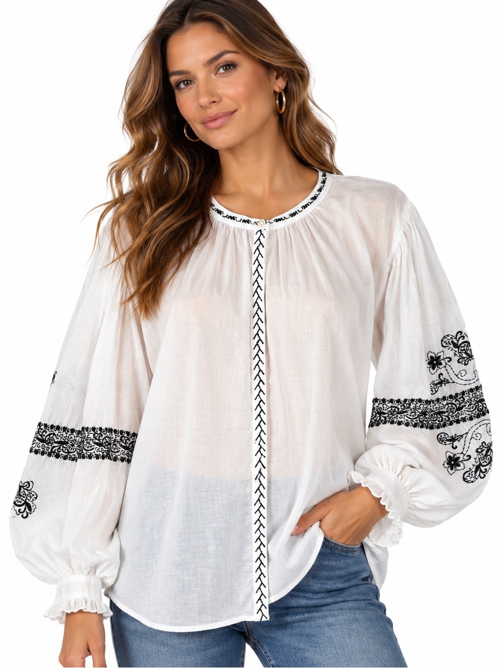 JOHNNY WAS/JADE Irenie Kivi Blouse White w/Black Embroidery Oversized Size XL